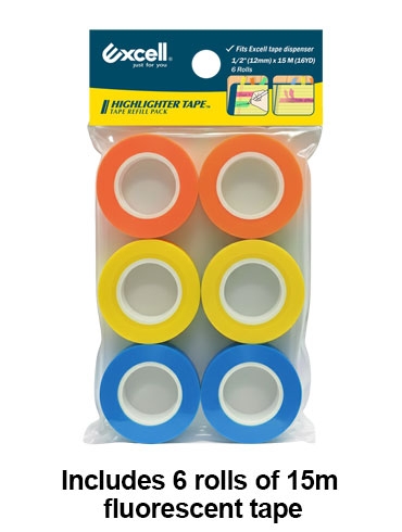 HRP-6HL1215 (12mm wide, 15M, 1" core, 3 rolls of highlighter tape)